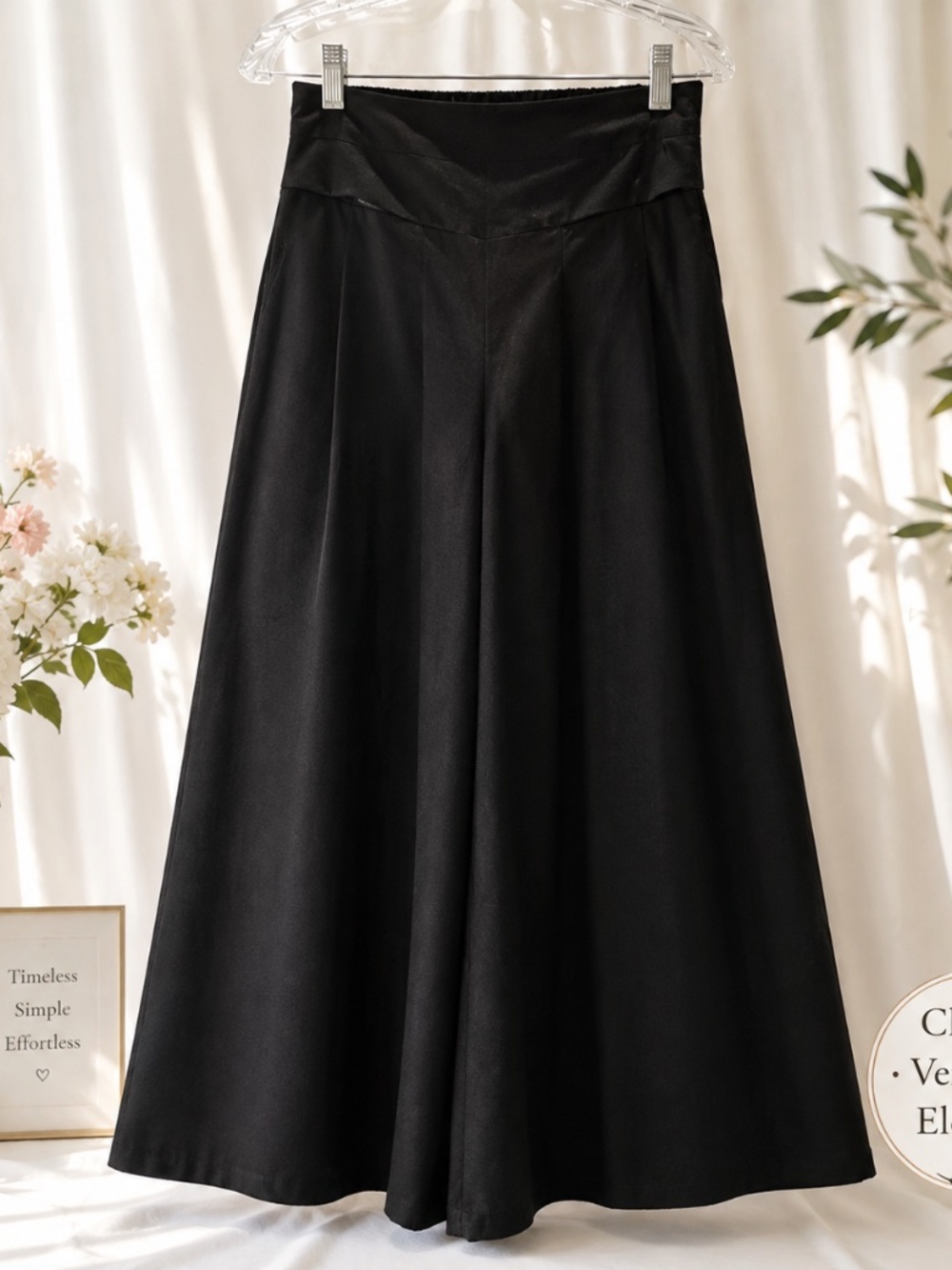 Women's Black Culotte Gaucho Pants Size M Wide Leg Cropped Elastic Waist Cotton